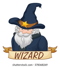 Wise and old wizard with pointy hat and star badge behind a old ribbon.