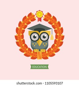 A wise owl in an academic cap framed by a Laurel wreath. Vector emblem, logo.