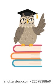 Wise owl in academic cap sitting on books and points to something. 