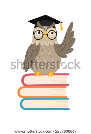Wise owl in academic cap sitting on books and points to something. 