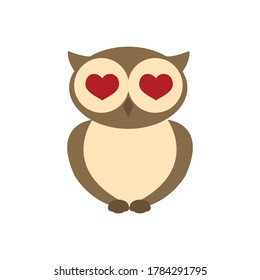 wise owl with big eyes in the form of hearts