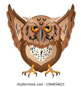 Wise owl with the big head, a sharp beak and predatory claws. Vector illustration.