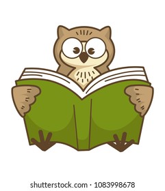 Wise owl with big round eyes reads book