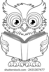 A wise owl bird cartoon cute character. Wearing glasses. Reading a book.