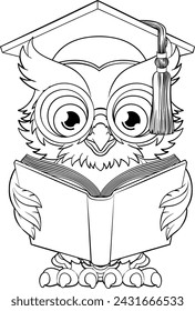 A wise owl bird cartoon cute character. Wearing a graduation, convocation or professor teacher mortar board cap or hat and glasses. Reading a book.