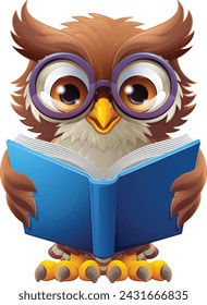 A wise owl bird cartoon cute character. Wearing glasses. Reading a book.