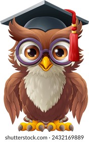 A wise owl bird cartoon cute character. Wearing a graduation, convocation or professor teacher mortar board cap or hat and glasses. 