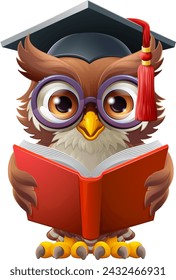 Eine weise Eule Vogel Cartoon niedliche Figur. Tragen einer Abschlussfeier, einer Einberufung oder einer Lehrer-Mörtelmörtelmütze oder eines Hutes und einer Brille. Ein Buch lesen.