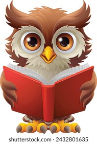 A wise owl bird cartoon cute character reading a book.