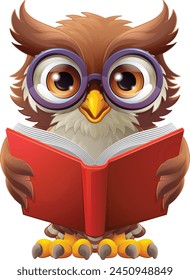 A wise owl bird cartoon cute character. Wearing glasses. Reading a book.