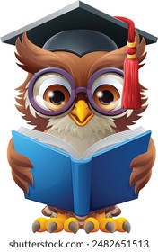 A wise owl bird cartoon cute character. Wearing a graduation, convocation or professor teacher mortar board cap or hat and glasses. Reading a book.