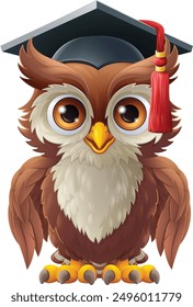 A wise owl bird cartoon cute character. Wearing a graduation, convocation or professor teacher mortar board cap or hat. 