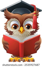 A wise owl bird cartoon cute character. Wearing a graduation, convocation or professor teacher mortar board cap or hat. Reading a book.
