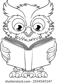 A wise owl bird cartoon cute character reading a book.