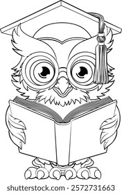 A wise owl bird cartoon cute character. Wearing a graduation, convocation or professor teacher mortar board cap or hat and glasses. Reading a book.