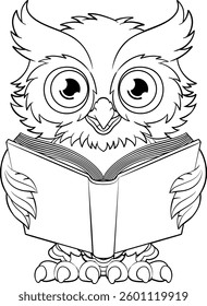 A wise owl bird cartoon cute character reading a book.