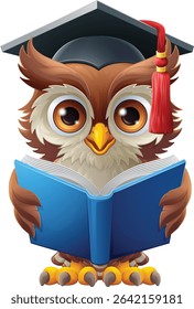 A wise owl bird cartoon cute character. Wearing a graduation, convocation or professor teacher mortar board cap or hat. Reading a book.

