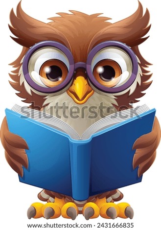 A wise owl bird cartoon cute character. Wearing glasses. Reading a book.