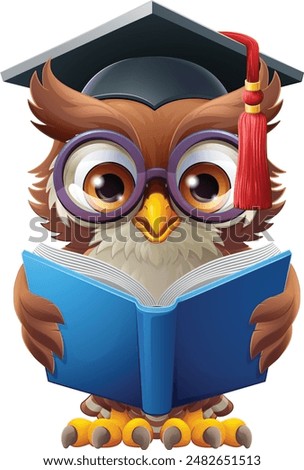 A wise owl bird cartoon cute character. Wearing a graduation, convocation or professor teacher mortar board cap or hat and glasses. Reading a book.