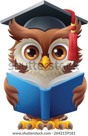 A wise owl bird cartoon cute character. Wearing a graduation, convocation or professor teacher mortar board cap or hat. Reading a book.
