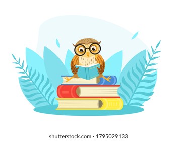 Wise Owl Bird Character in Glasses Sitting on Pile of Books, Back to School Concept Cartoon Style Vector Illustration