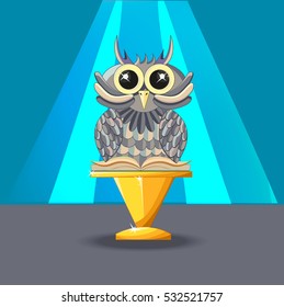 Wise owl with a book on the blue background. Statuette on a golden pedestal. Reward. - Stock vector