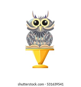 Wise owl with book on a gold pedestal. Game style. - Stock vector