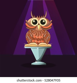 Wise owl with a book on the purple background. Magic and mystery. - Stock vector