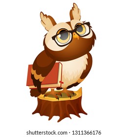 Wise owl with a book stands on a stump isolated on white background. Vector cartoon close-up illustration.