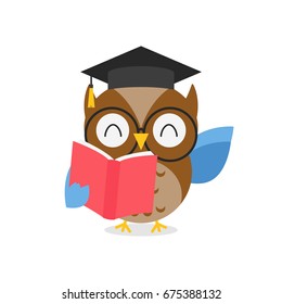 Wise Owl With Book In White Background