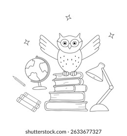 Wise owl with books and globe, hand drawn vector illustration for education