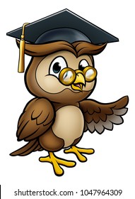 A wise owl cartoon character wearing a graduate cap mortar board and pointing with his wing