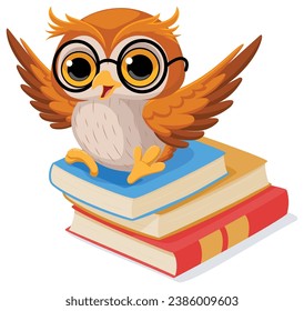 Wise owl cartoon sitting on stack of book
