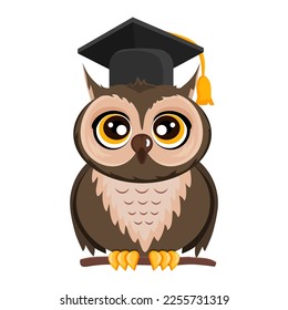 Wise owl in cartoon style graduation cap. Vector stock illustration. isolated. Bird. An animal that lives in the forest. School and education. Teacher