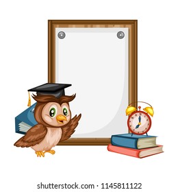 Wise Owl Character Near Chalkboard Vector illustration. Back to School Composition Poster. Cartoon Owl Teacher with Books and Alarm Clock Isolated on White background 