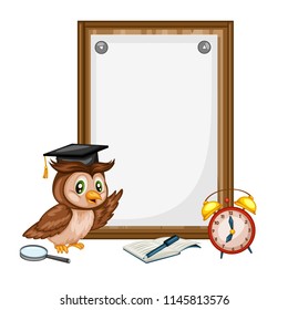 Wise Owl Character Near Chalkboard Vector illustration. Back to School Composition Poster. Cartoon Owl Teacher with Book, Magnifying Glass and Alarm Clock Isolated on White background 