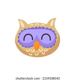 Wise owl with closed eyes isolated smart bird flat cartoon head, face mask, funny emoji emoticon. Vector sleeping owlet animal, cute howlet colorful feathered barn owl with beak, comic avatar