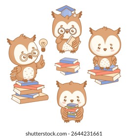 Wise Owl collection. Cute cartoon bird with graduation cap and Glasses and books. Isolated funny graduate kawaii character. Vector illustration. Kids collection