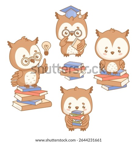 Wise Owl collection. Cute cartoon bird with graduation cap and Glasses and books. Isolated funny graduate kawaii character. Vector illustration. Kids collection