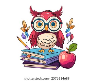 Wise Owl. Cute Bird Teacher. Cartoon Character. Teaching at School. Vector Illustration