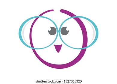 Wise owl face in blue glasses. Cartoon hand drawn bird