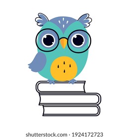 Wise Owl in Glasses, Cute Bird Cartoon Character Sitting on Pile of Books Vector Illustration