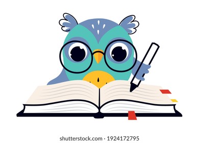 Wise Owl in Glasses, Cute Bird Teacher Cartoon Character Writing with Pen in Notebook Vector Illustration