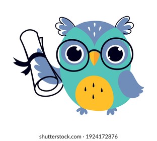 Wise Owl in Glasses, Cute Bird Cartoon Character Holding Diploma Scroll Vector Illustration