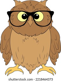 Wise owl with glasses. Predatory bird. Symbol of the night forest.