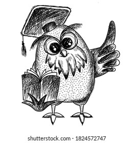 A wise owl in a graduate hat points its wing up in a sketch style. Subject for school, training. isolated on white. The design for the school of education. Vector illustration