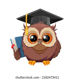 Wise owl in graduation cap holding book. Back to school. Cute owl cartoon character.