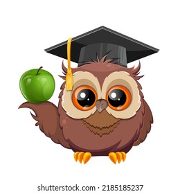 Wise owl in graduation cap holding green fresh apple. Back to school concept. Cute owl cartoon character.