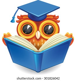 Ave sabia en la gorra de graduación con un libro abierto
