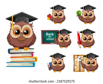 Wise owl in graduation cap, set of seven poses. Back to school greeting card. Cute owl cartoon character.